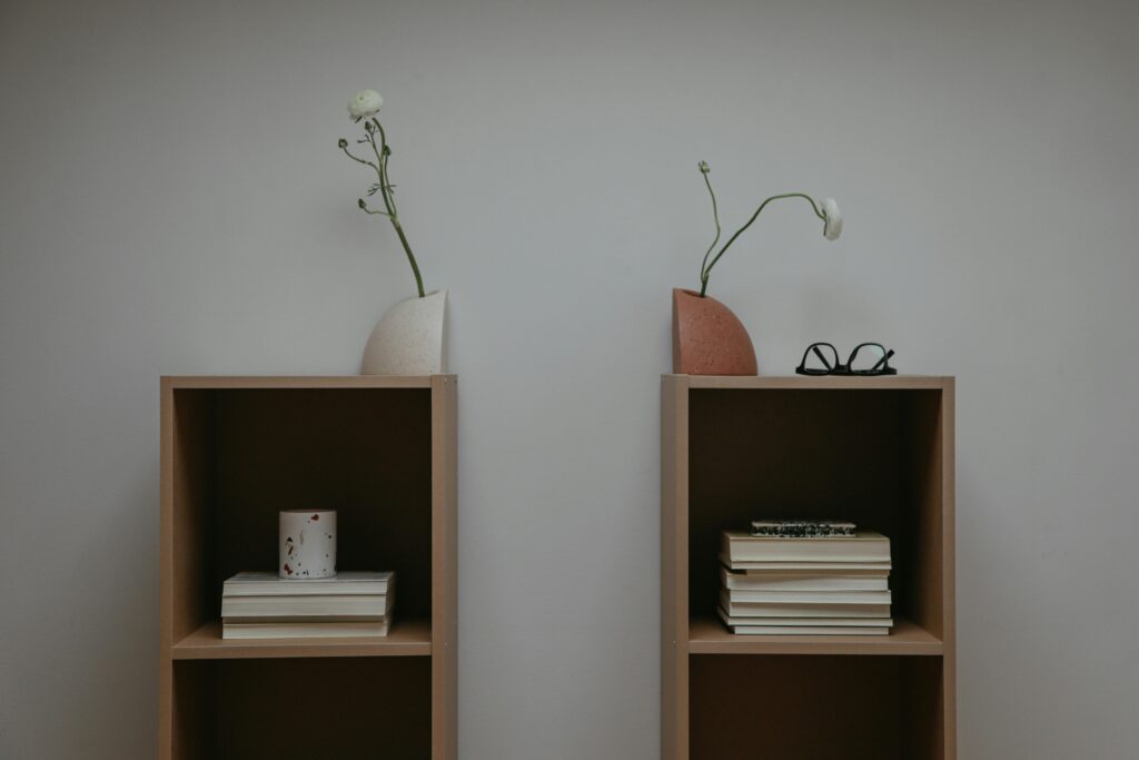 Stylish minimalist interior with bookshelves, vases, and books.